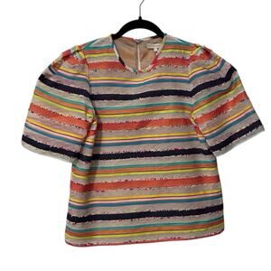 Ann Mashburn White Pink Multi Color Striped Poplin Puff Blouse Top Size Small